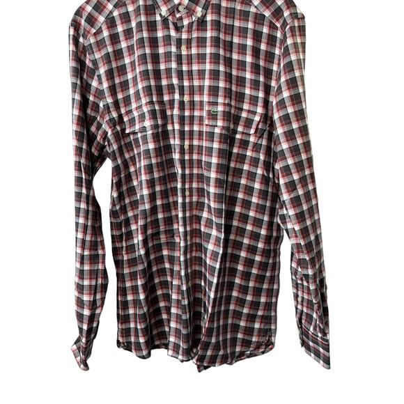 Lacoste Modern Fit Gray & Red Plaid Long Sleeve Button-Up Shirt Men's 42 Large - Picture 12 of 12